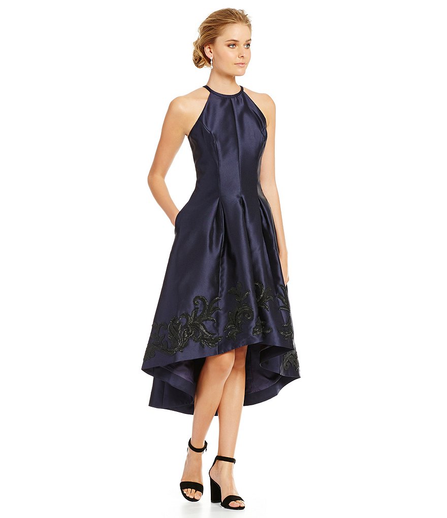 Carmen Marc Valvo Infusion Halter Applique Bottom Hi-Low Halter Gown