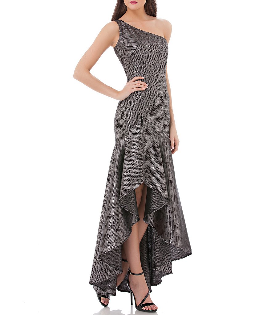 Carmen Marc Valvo Infusion Metallic Ruffle Hi Lo Gown