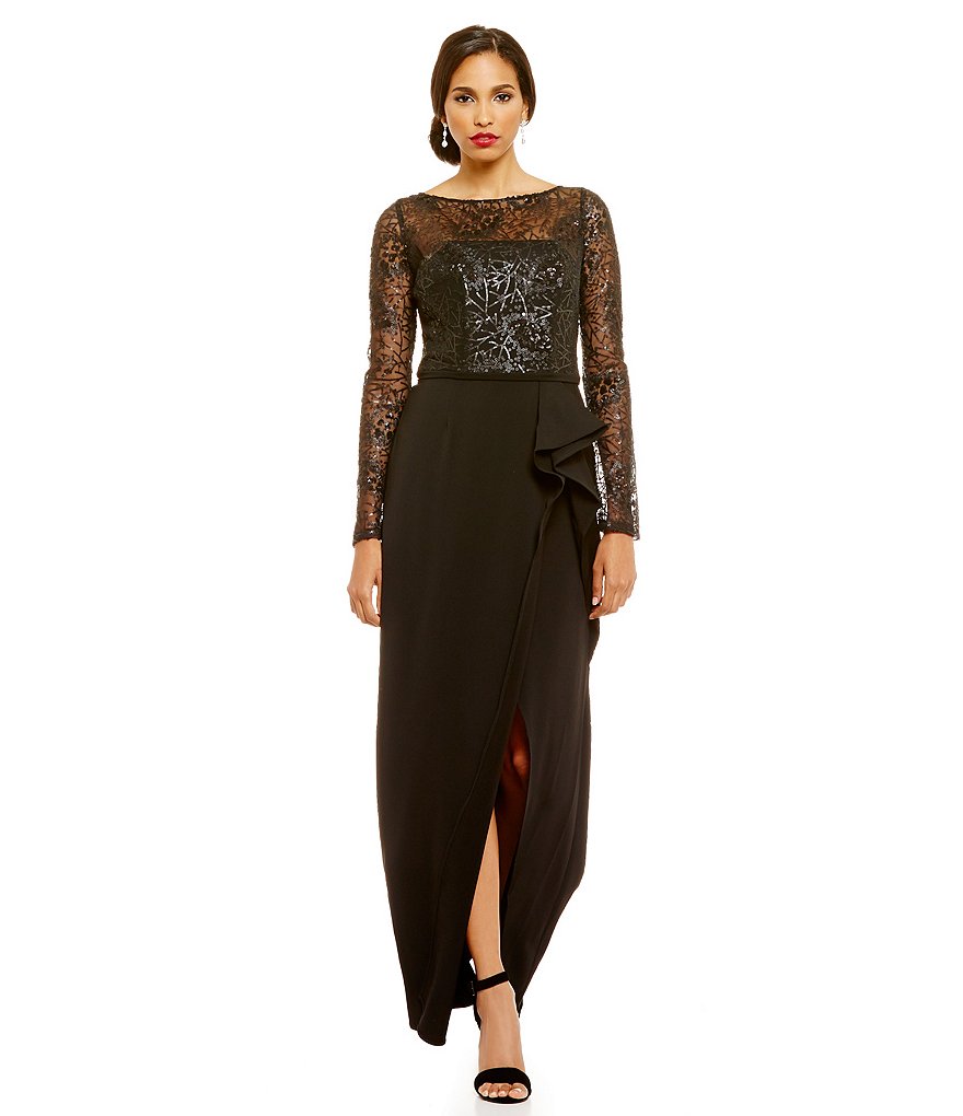 Carmen Marc Valvo Infusion Sequin Lace Bodice Long Sleeve Gown