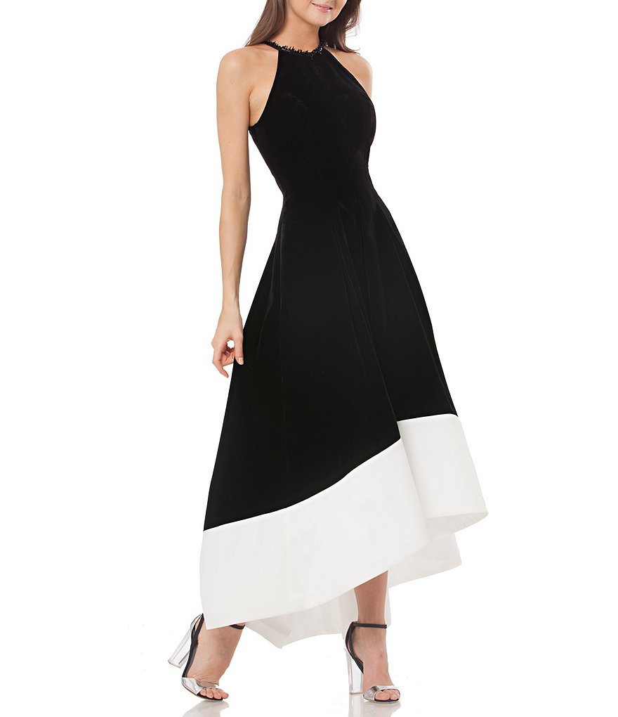 Carmen Marc Valvo Infusion Velvet Hi-Lo Colorblock Halter Neck Gown