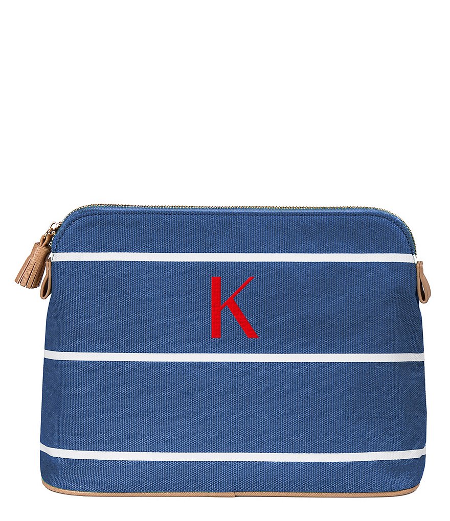 Cathy's Concepts Blue Tasseled Initial-Embroidered Striped Canvas Cosmetic Bag