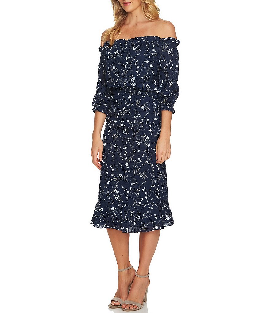 CeCe Off The Shoulder Gathered Ruffle Sleeve Graceful Floral Print Midi Dress