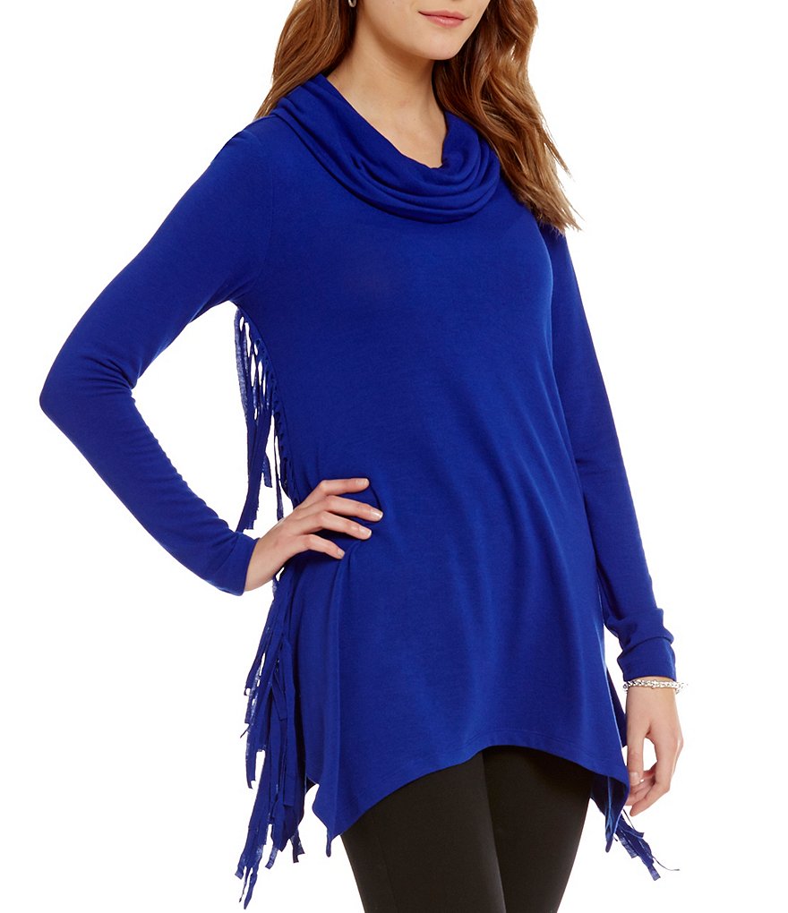 Chelsea & Theodore Cowl Neck Sharkbite Hem Fringe Tunic