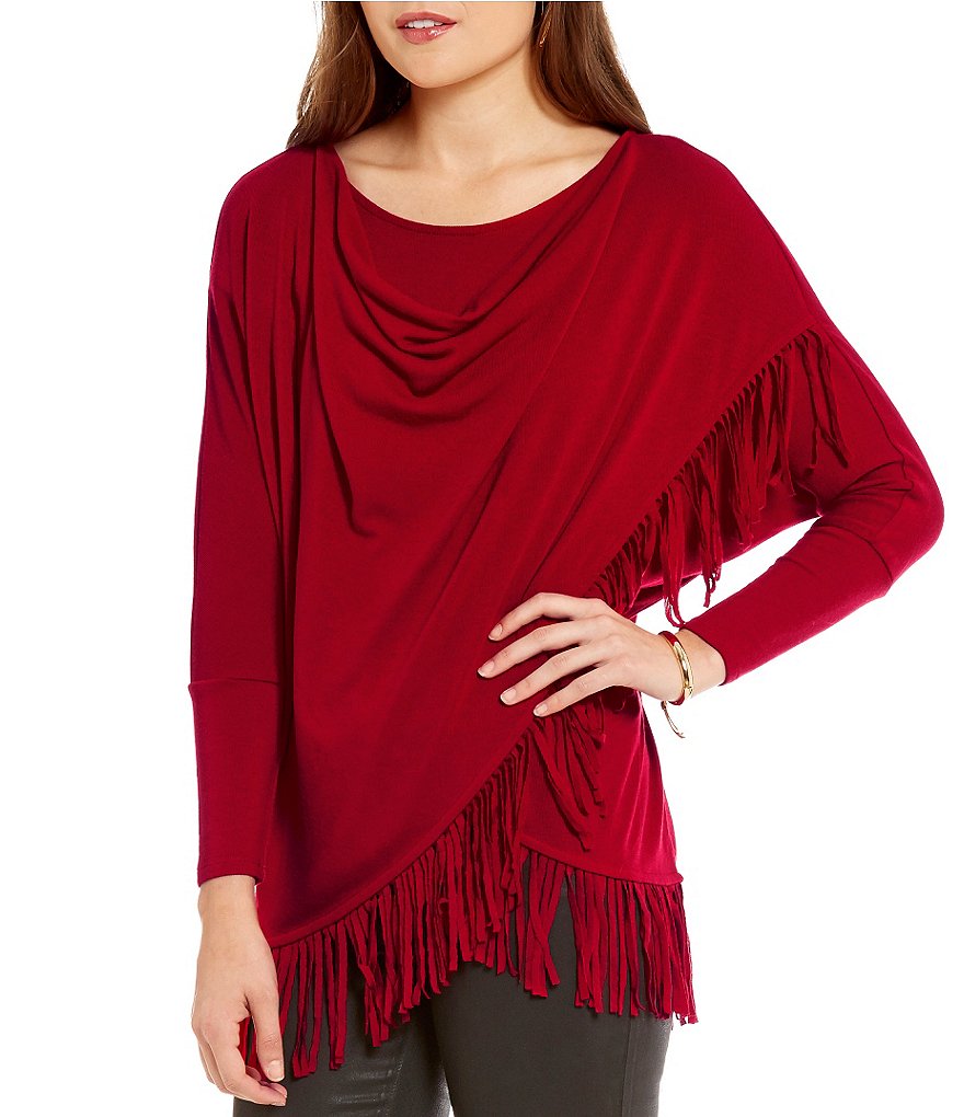 Chelsea & Theodore Drape Neck Cross-Over Fringe Top