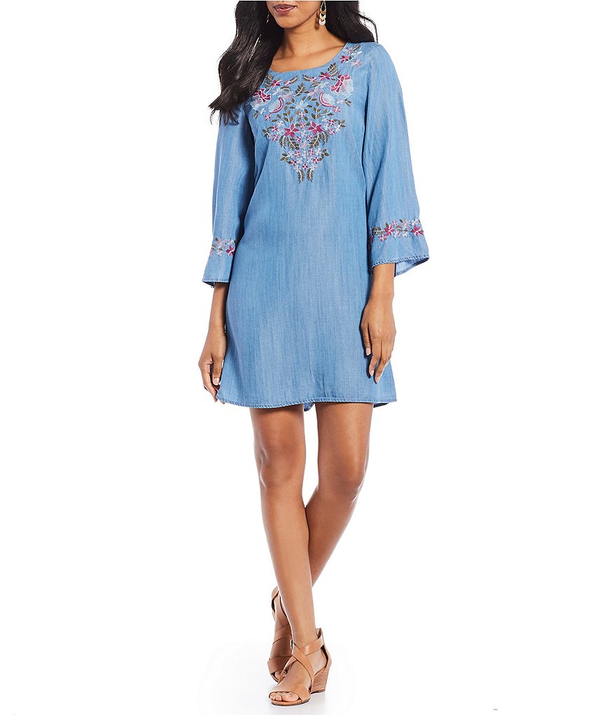 Chelsea & Theodore Floral Embroidered Bell Sleeve Tencel Dress