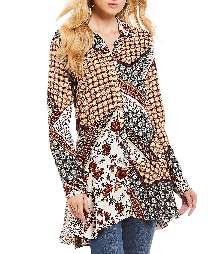 Chelsea & Theodore Long Sleeve Peplum Button-Front Tunic