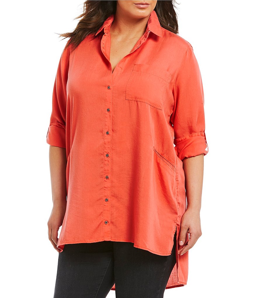 Chelsea & Theodore Plus Roll-Tab Sleeve Button Front Tunic