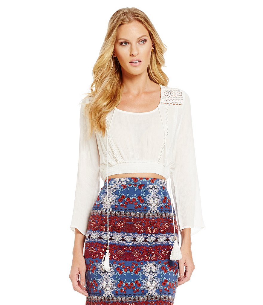 Chelsea & Violet Highway Crochet Tassel Smocked Crop Top