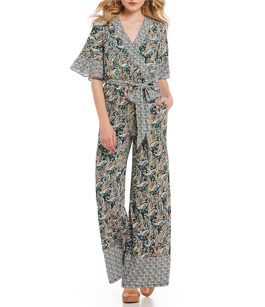 Chelsea & Violet Ruffle Sleeve Printed Tie Front Wrap Jumpsuit