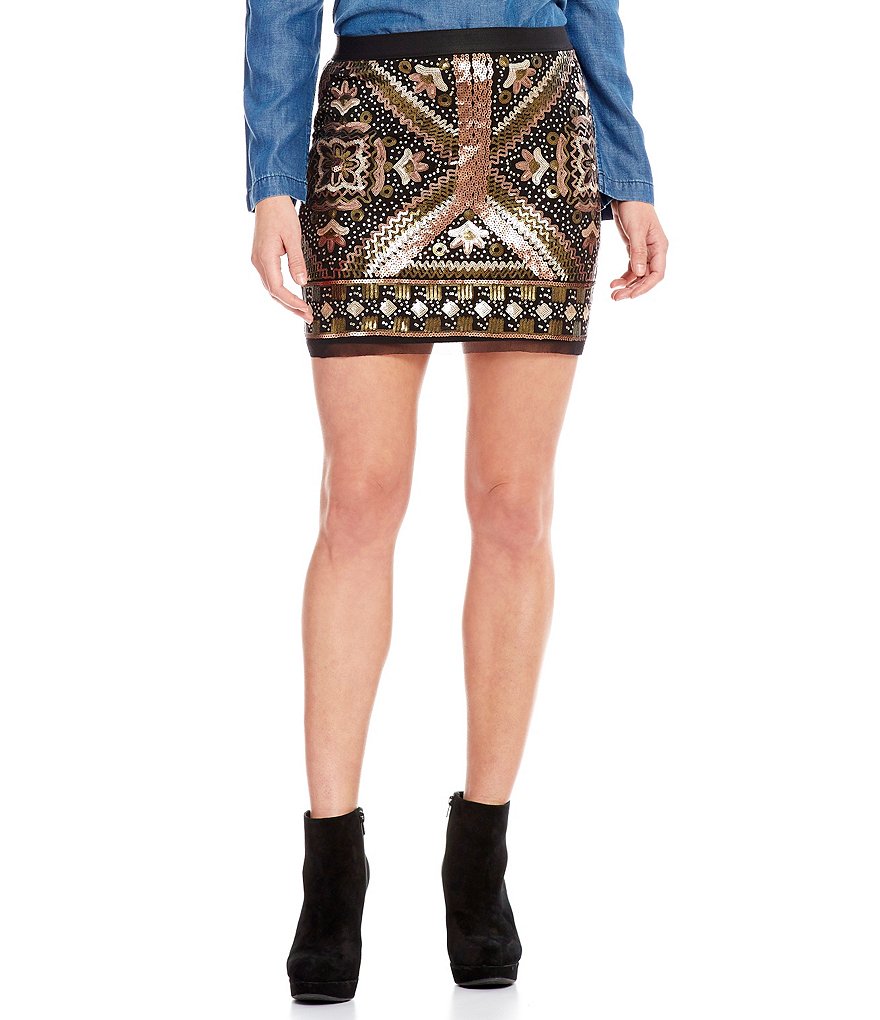 Chelsea & Violet Sequin Mesh Printed Pencil Mini Skirt