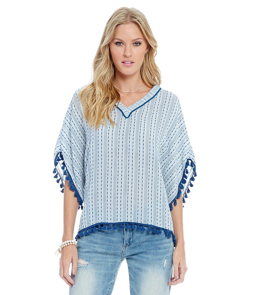 Chelsea & Violet Striped Tassel Fringe Woven Poncho