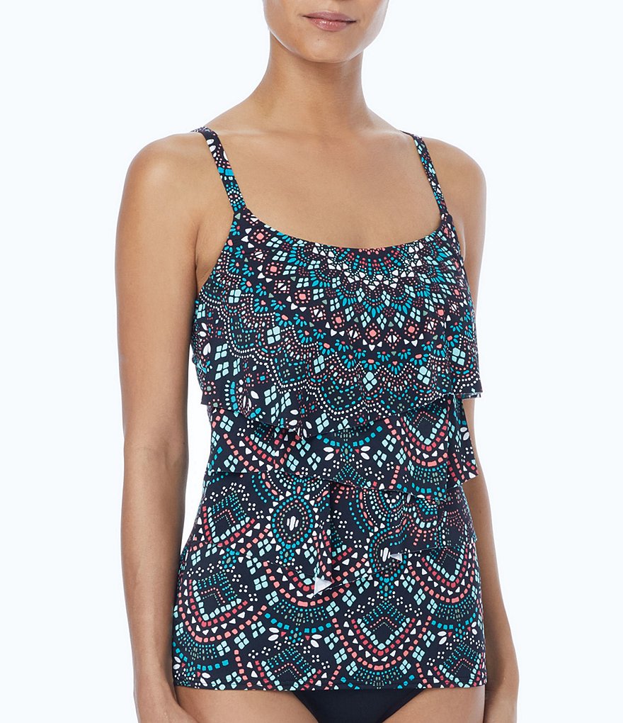 Coco Reef Painted Desert Aura Bra Sized C-F Underwire Ruffle Tankini Swimsuit Top