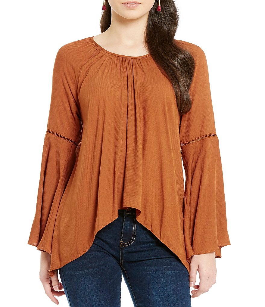 Copper Key Solid Bell-Sleeve Sharkbite Hem Blouse