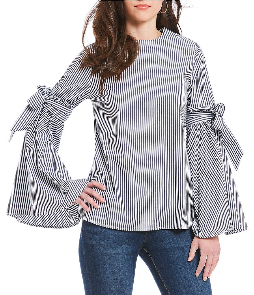 Cupio Bell Sleeve Striped Novelty Shirting Blouse