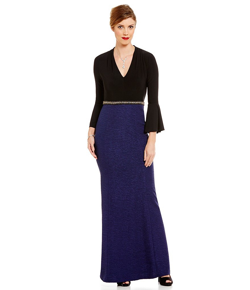 Decode 1.8 Mermaid V-Neck Bell Sleeve Beaded Waist Two-Tone Gown