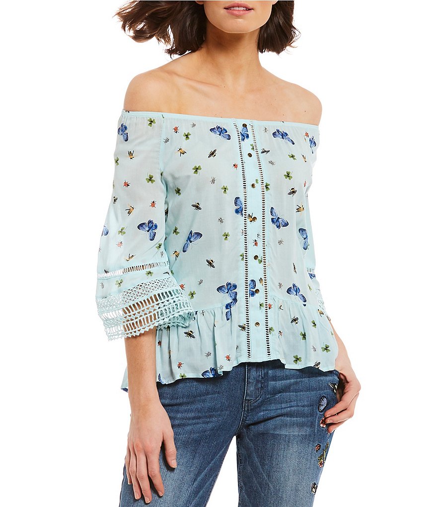 Democracy 3/4 Sleeve Butterfly Print Flounce Off-the-Shoulder Bell Sleeve Top