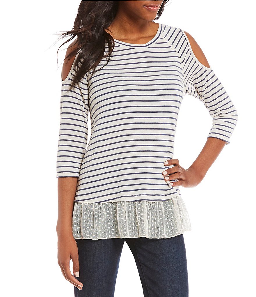Democracy 3/4 Sleeve Cold-Shoulder Striped Top