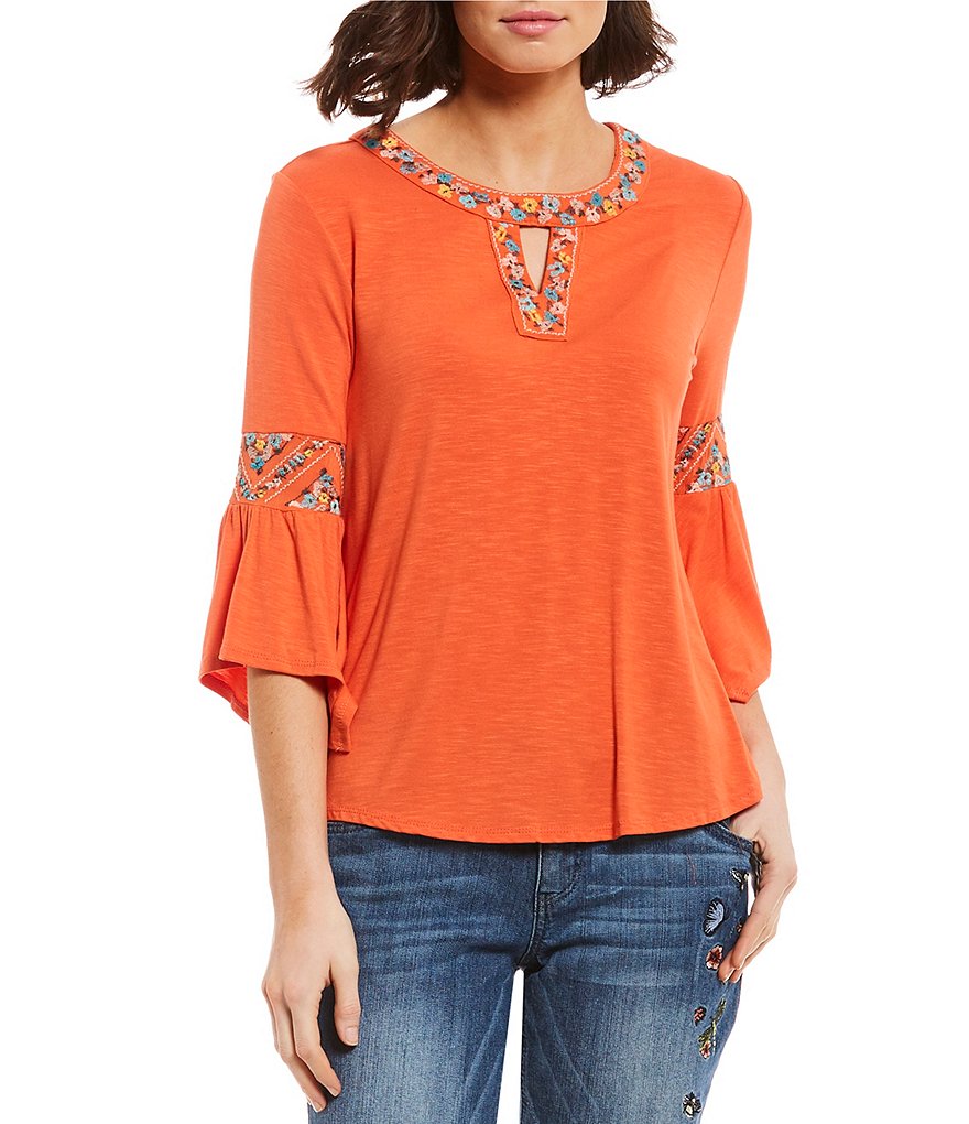 Democracy 3/4 Sleeve Embroidered Cleo Neck Top