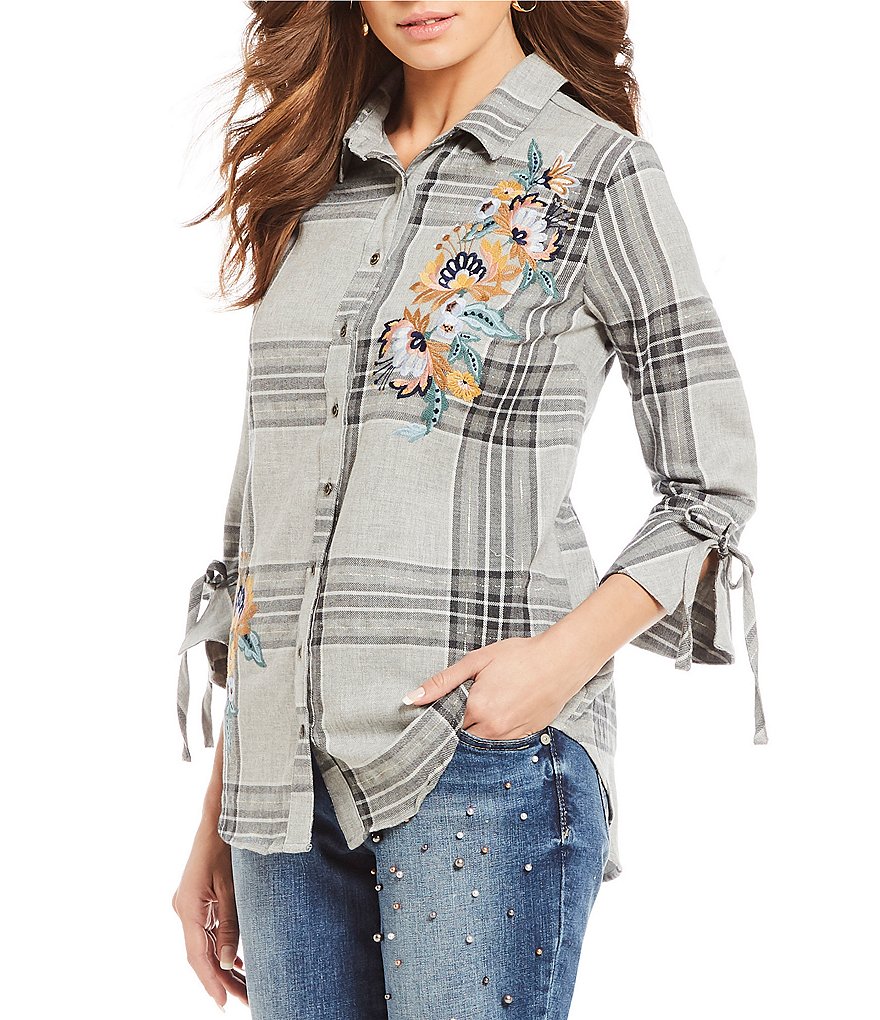 Democracy Floral Embroidered 3/4 Sleeve Plaid Print Button Down Shirt