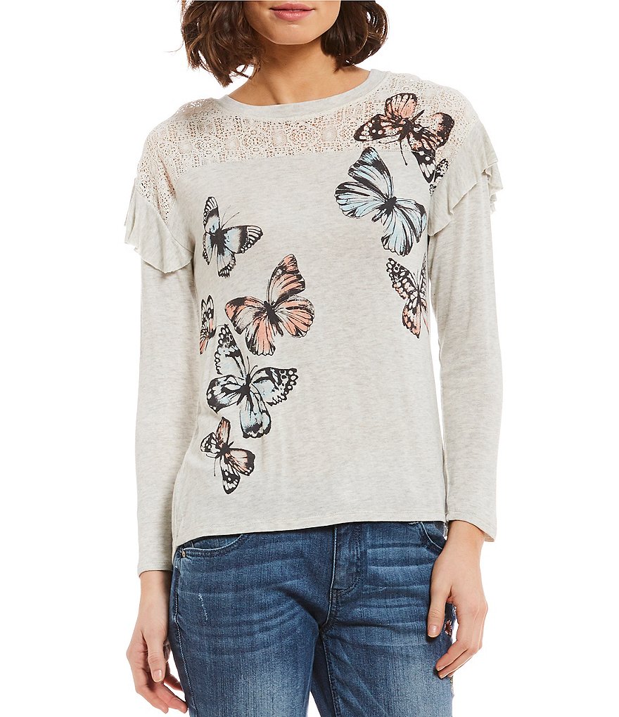 Democracy Long Ruffle Sleeve Butterfly Screen Print Lace Yoke Top