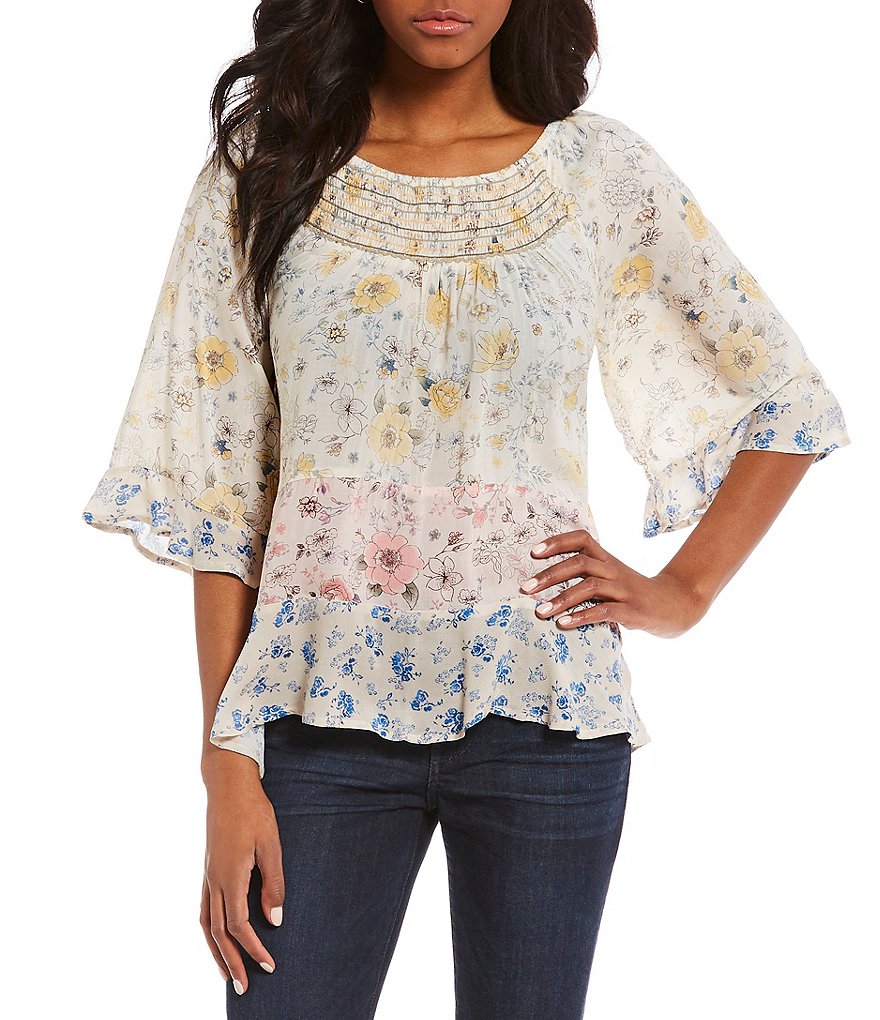 Democracy Smocked Neck Mixed Floral Print 3/4 Flare Sleeve Blouse