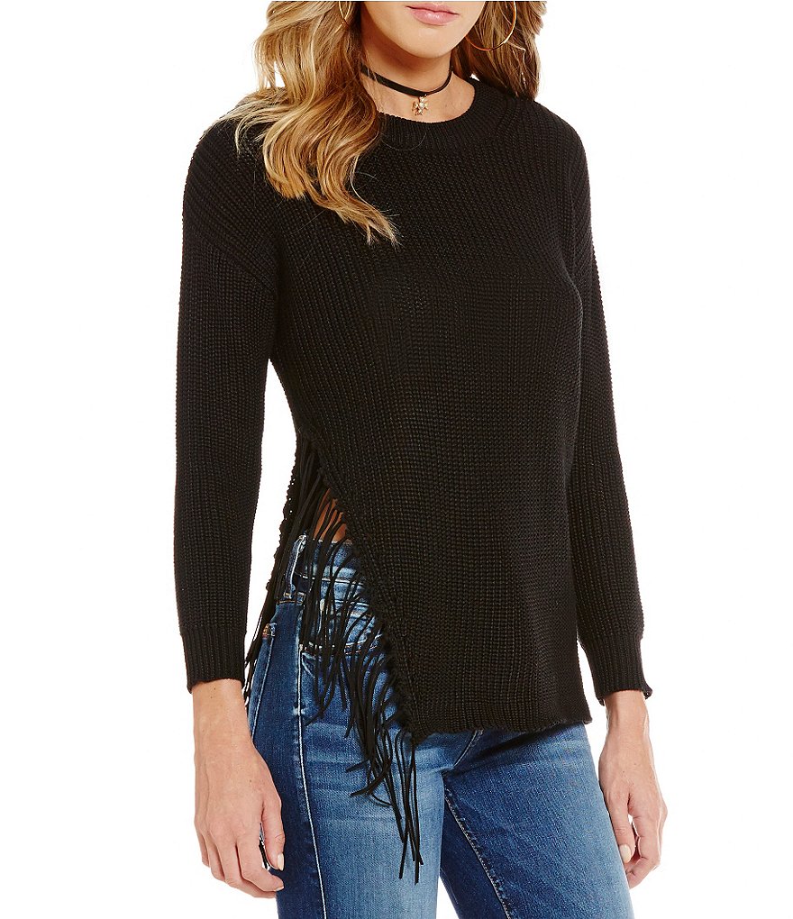devlin Mariah Round Neck Finged Side Slit Solid Sweater