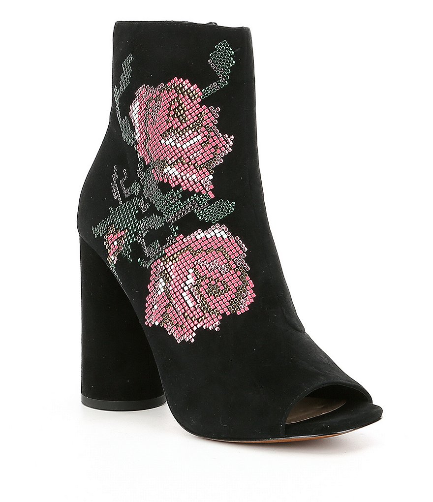 Donald Pliner Barri Floral Suede Peep-Toe Block Heel Booties