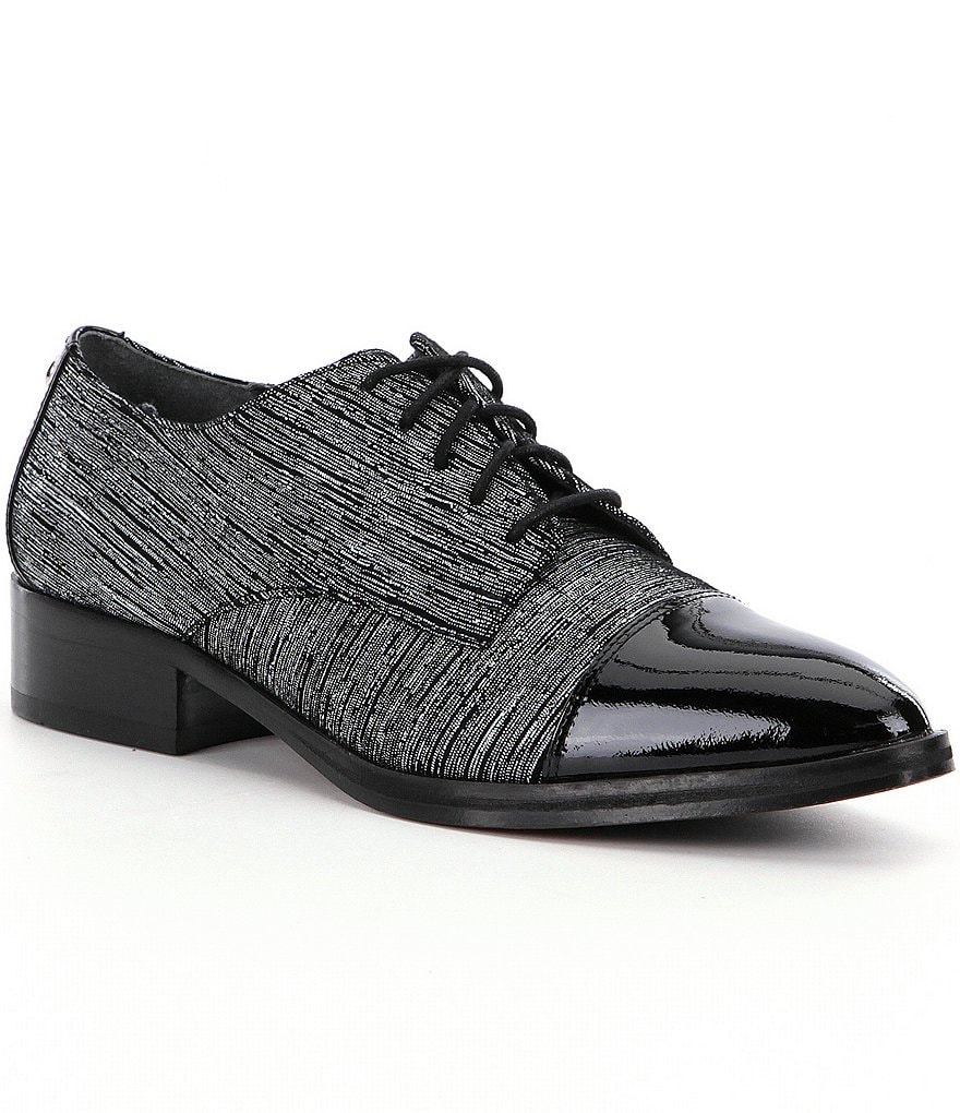 Donald J Pliner Gea Tailored Streaked Suede Patent Leather Cap Toe Oxfords