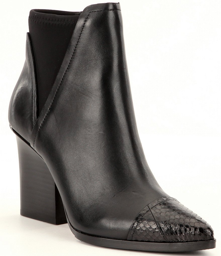 Donald J Pliner Vaughn Leather Snake Trim Block Heel Booties