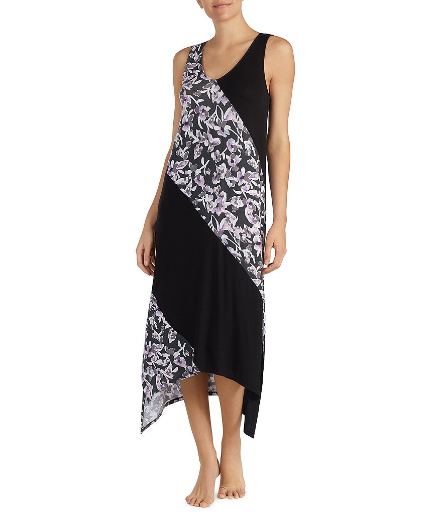 Donna Karan Floral-Print Colorblock Jersey Knit Nightgown