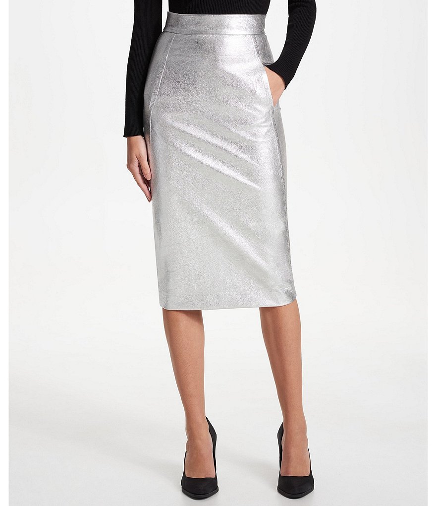 Donna Karan New York Metallic Faux Leather Midi Pencil Skirt