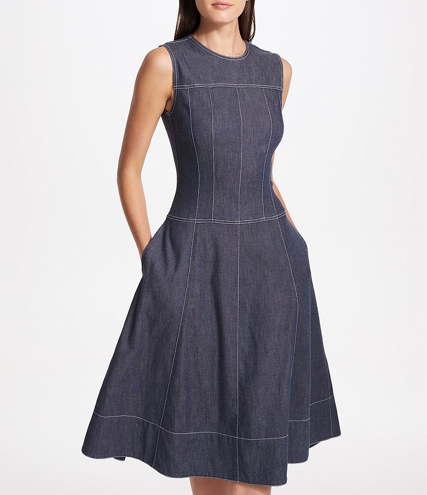 Donna Karan New York Stretch Denim Seamed Panel Fit-and Flare Midi Dress