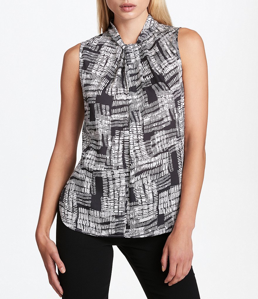 Donna Karan New York Twist V-Neck Shirttail Hem Etched Block Print Matte Jersey Top