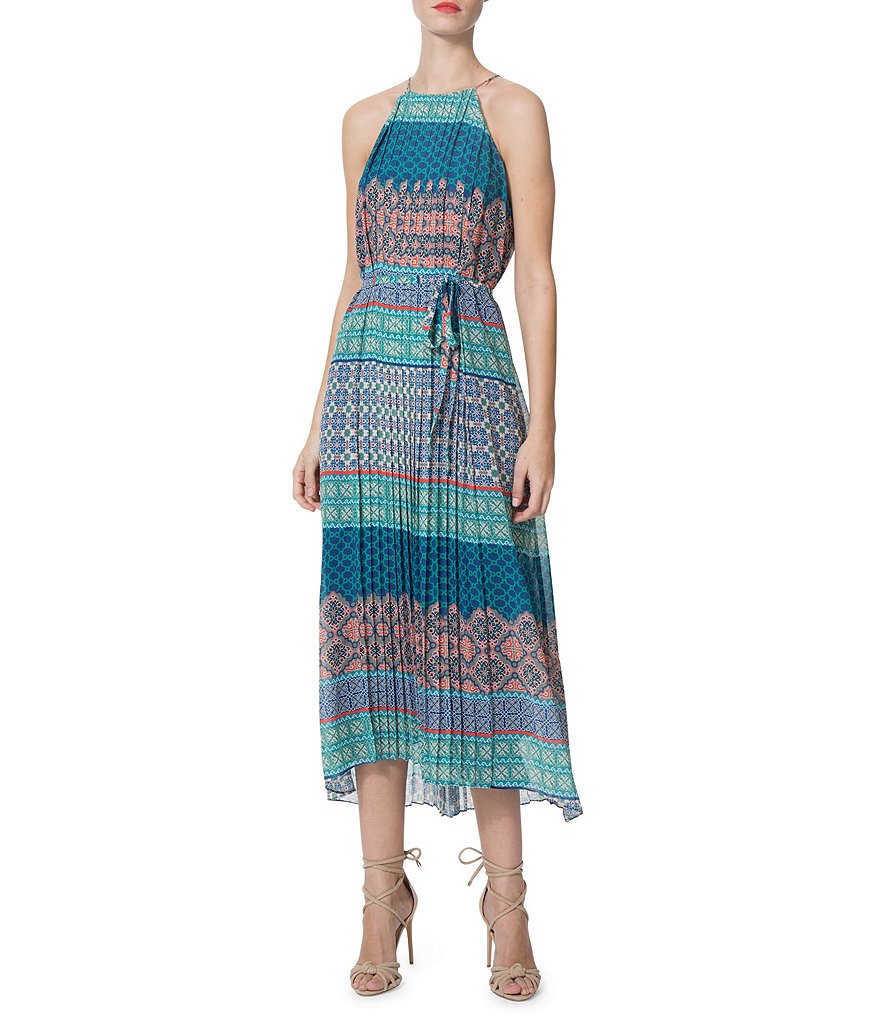 Donna Morgan Pleated Printed Midi Halter Dress