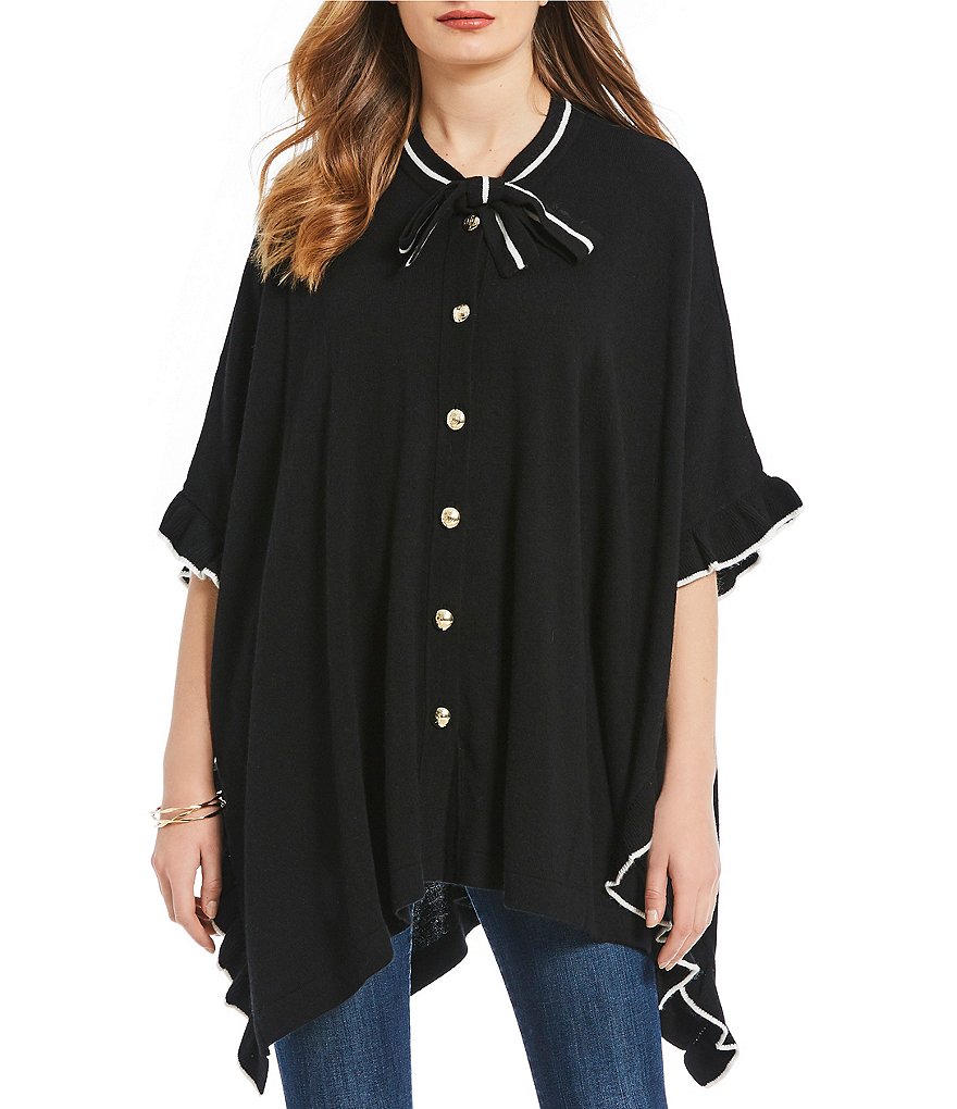 Draper James Oversized Cashmere Blend Tie Neck Ruffle Sharkbite Hem Button Front Sweater