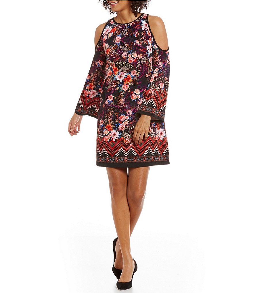 ECI Printed Long Sleeve Cold-Shoulder Dress