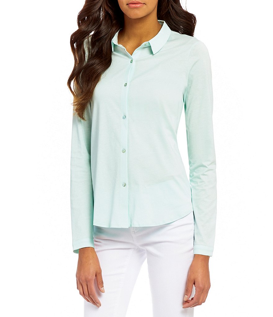 Eileen Fisher Classic Collar Long Sleeve Button Front Solid Shirt