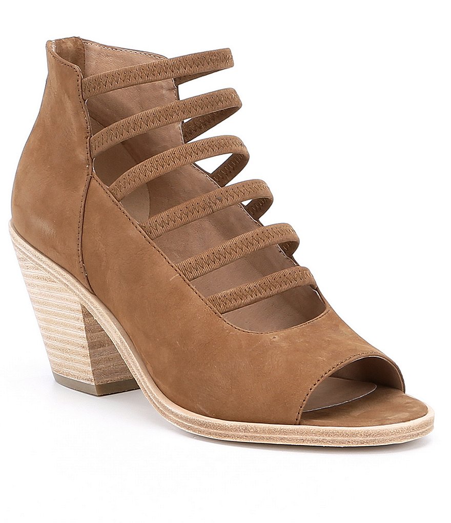 Eileen Fisher James Nubuck Elastic Strap Detail Peep-Toe Block Heel Shooties