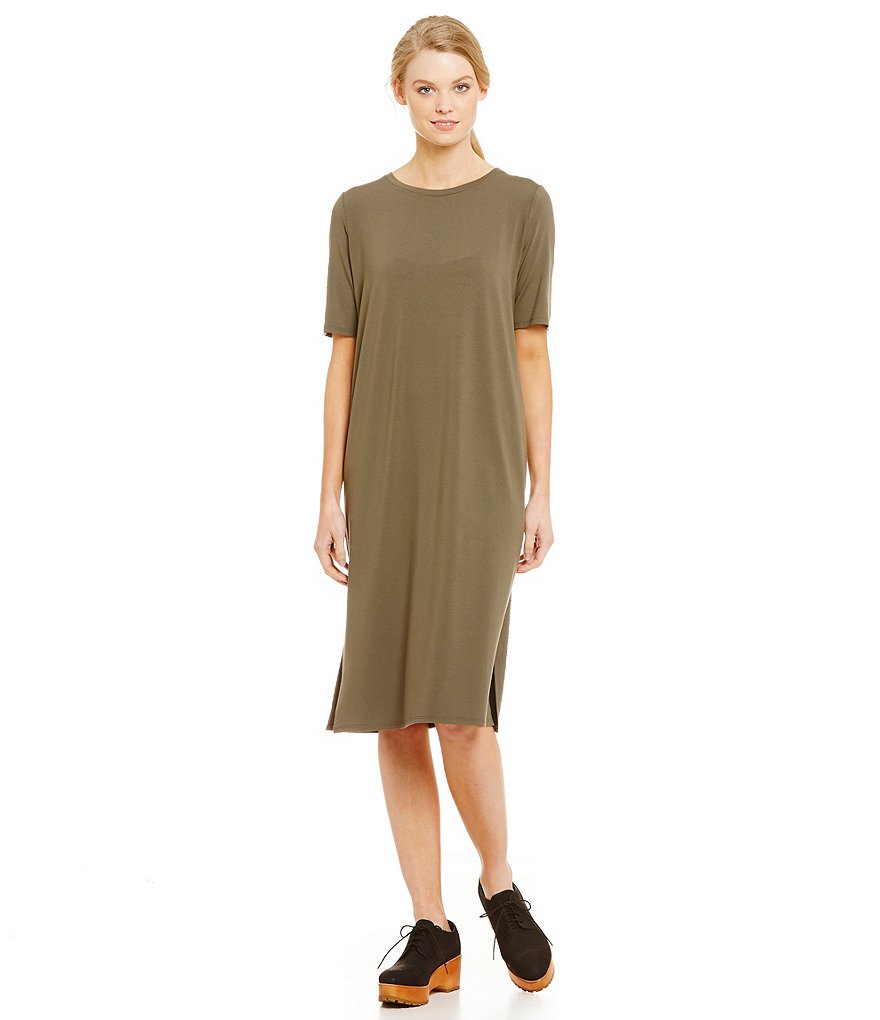 Eileen Fisher Petites Calf-Length Round Neck Short Sleeve Dress