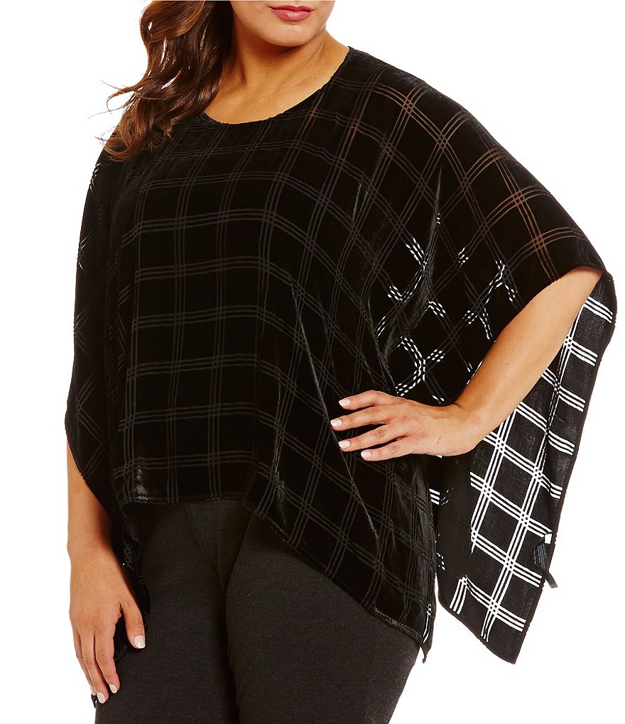 Eileen Fisher Plus Crew Neck Velvet Plaid Poncho