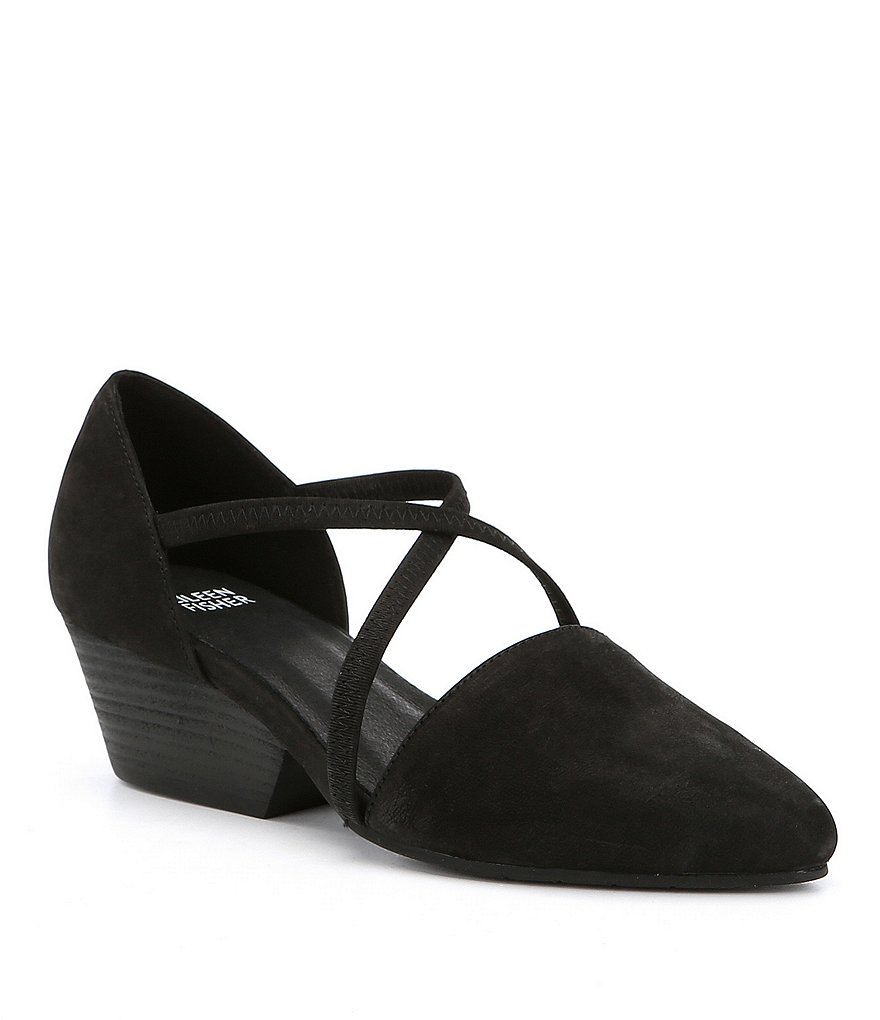 Eileen Fisher Poet Nubuck Crossover Strap Block Heel Pumps
