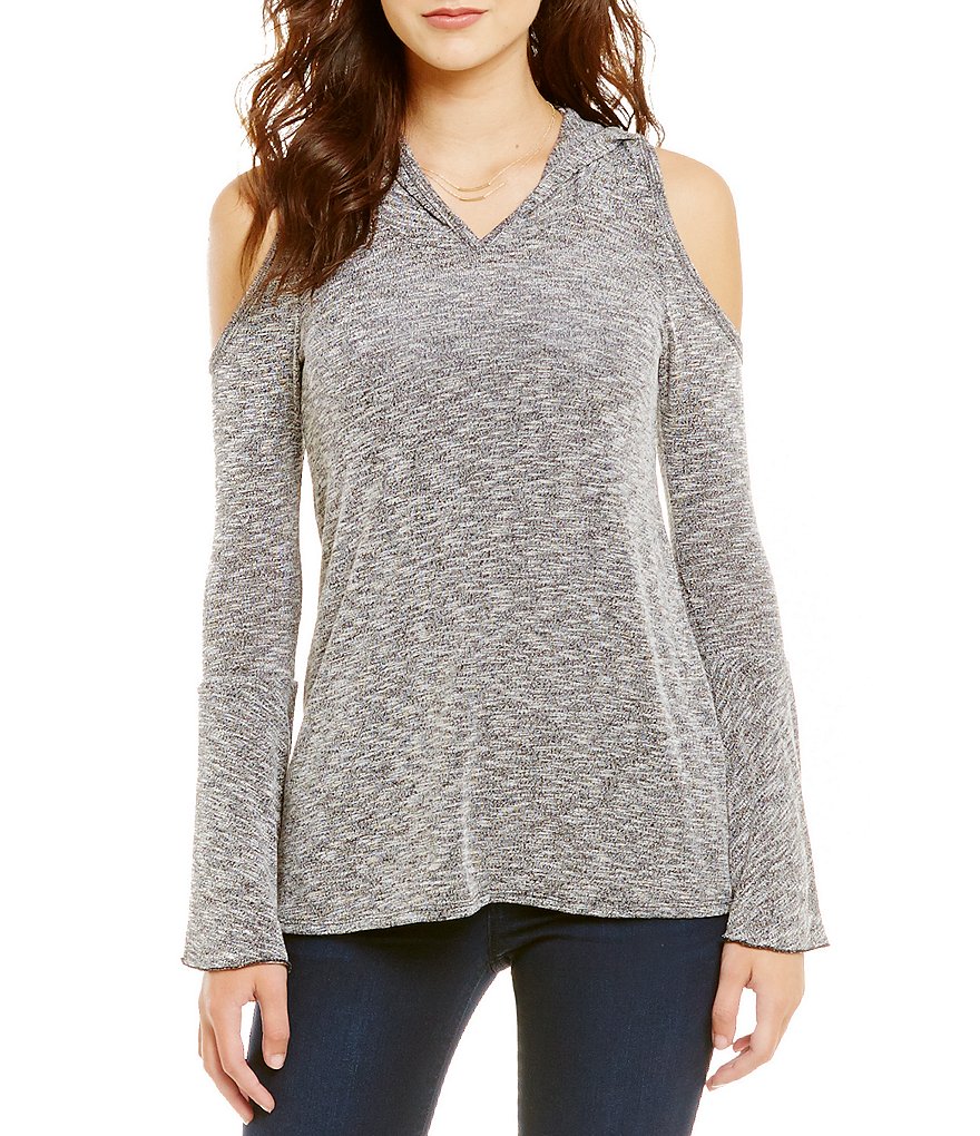 ELAN Cold Shoulder Hooded Knit Top