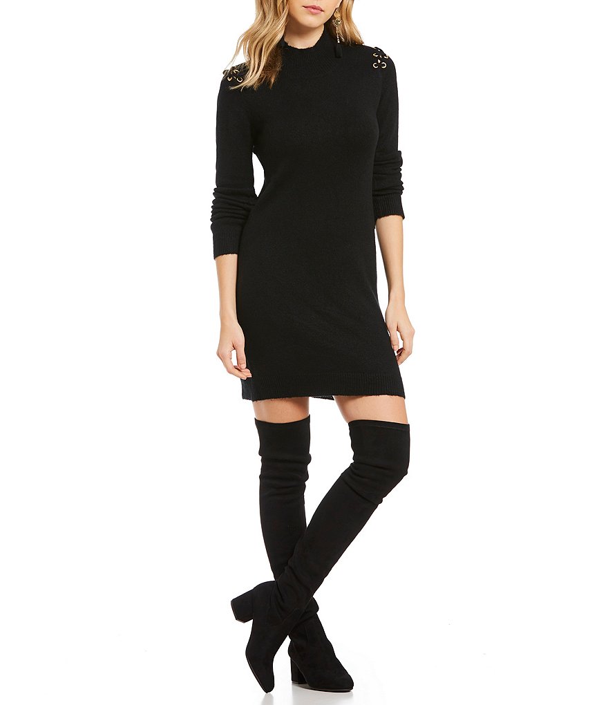 Elan Eyelet Lace-Up Cold Shoulder Sweater Dress