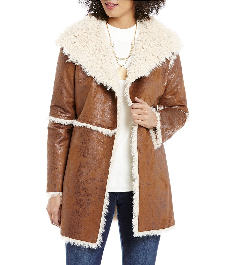 ELAN Open Lapel Angle Front Faux-Shearling and Faux-Suede Jacket