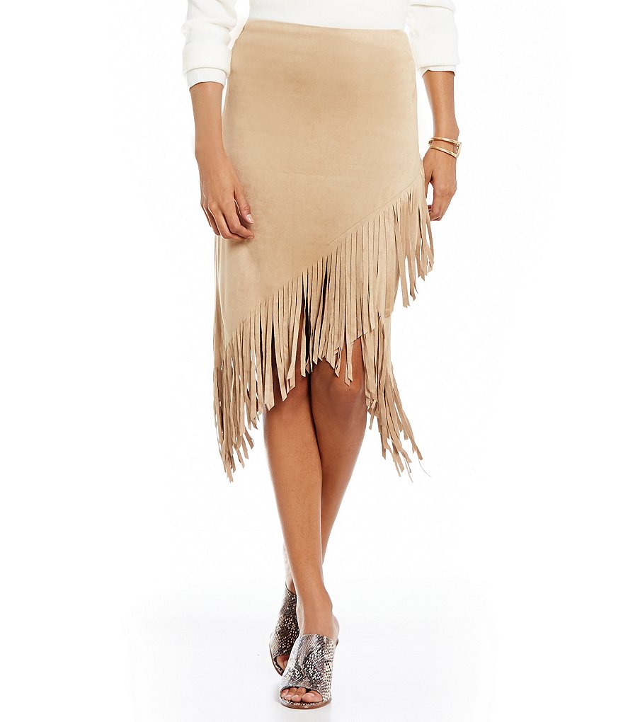 ELAN Side Zip Faux-Suede Fringed Hem Pencil Skirt