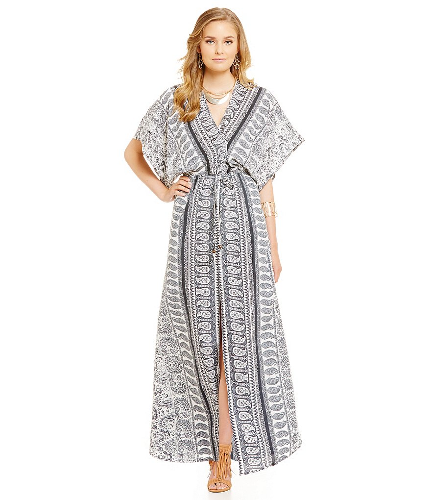 ELAN Printed Front V-Neck Short Sleeve Slit Maxi Dress