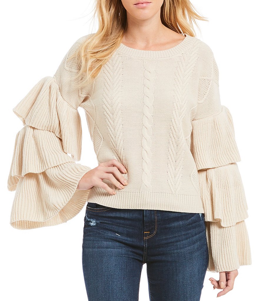 ELAN Tiered Ruffle Bell Sleeve Sweater