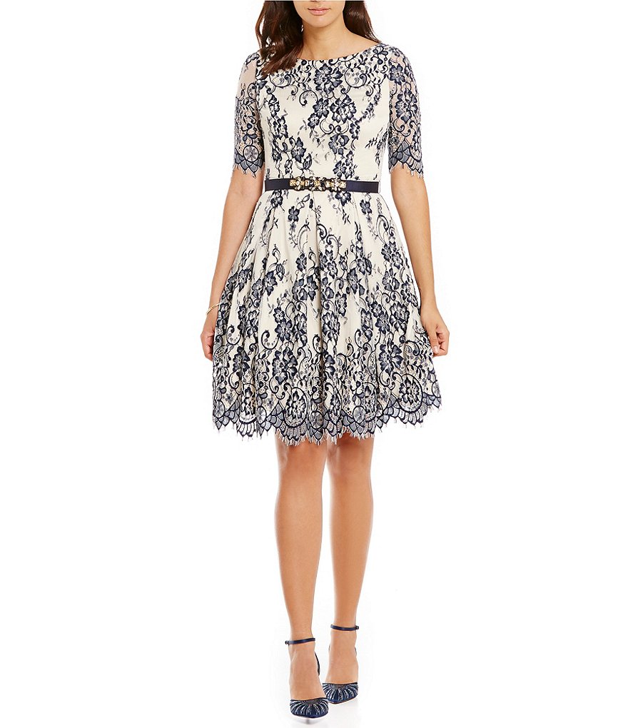 Eliza J Belted Illusion Lace Fit-and-Flare Dress