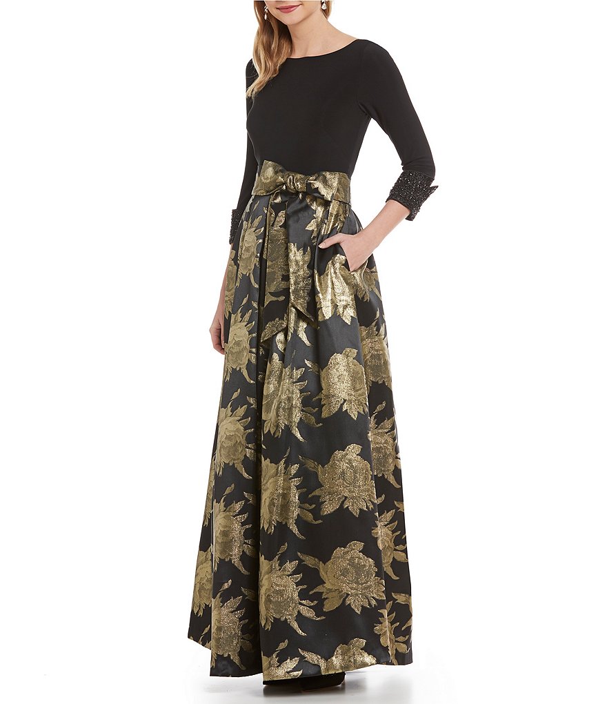 Eliza J Metallic Brocade Beaded Cuff Ball Gown