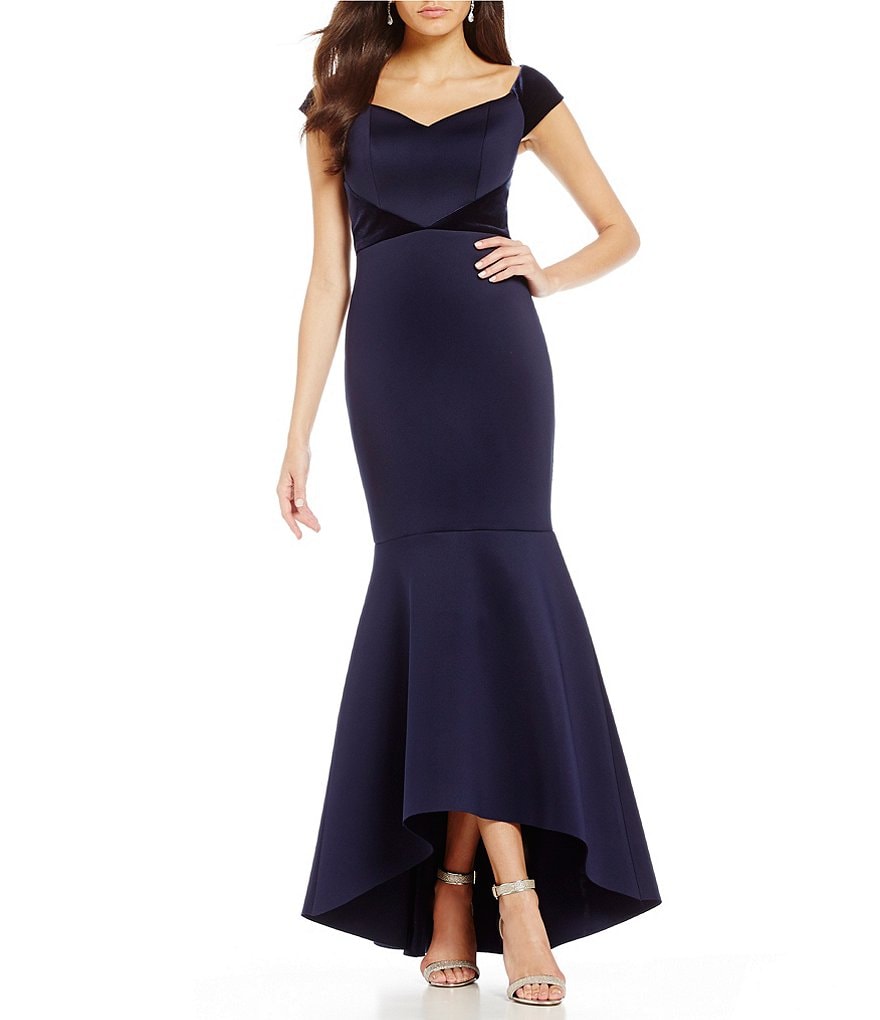 Eliza J Off the Shoulder Velvet Trim Gown